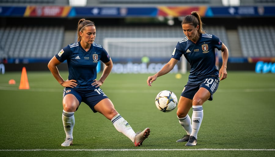 Two women soccer players warming up for a friendly match with a ball on the pitch
