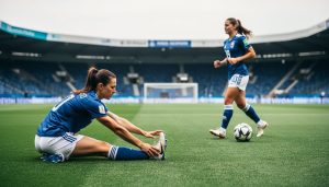Two women’s national team soccer players warm up on a grass field during an international friendly match in 2026.